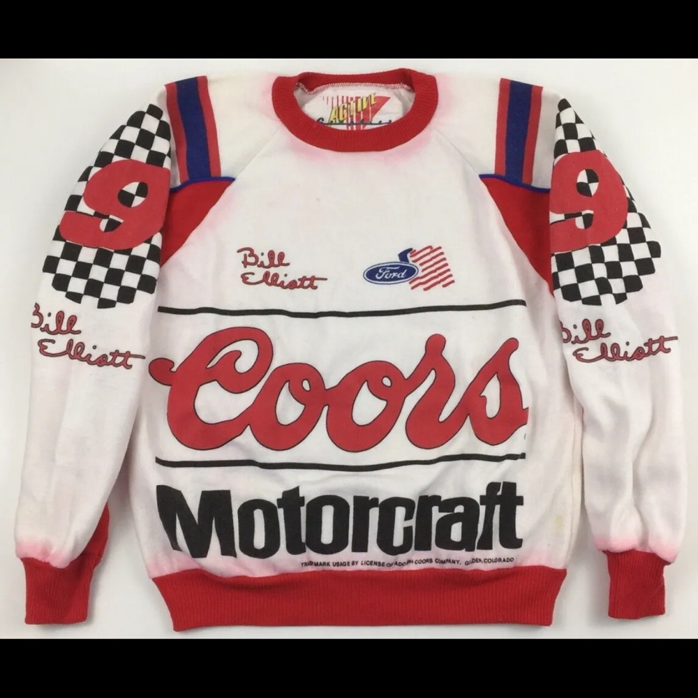 Vtg Bill Elliott Men Sweatshirt Coors All Over Flag Logo Colorblock Motorcraft M